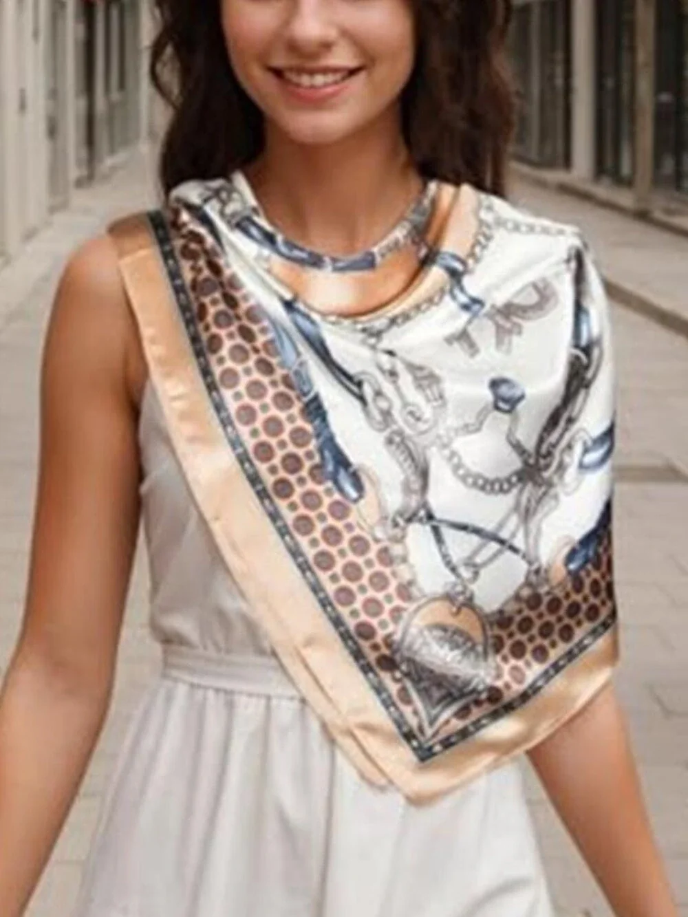 Head Scarf for Women Like Silk Scarf Hair Scarf Beige Blue Printed Square Scarf